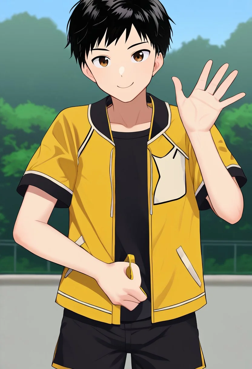 harmard, black hair, short hair, brown eyes, 1boy, solo, solo focus, wear open clothes, short sleeve, yellow colour clothes, crop clothes, wear black shorts, outdoor setting, right hand waving gesture, handfixer