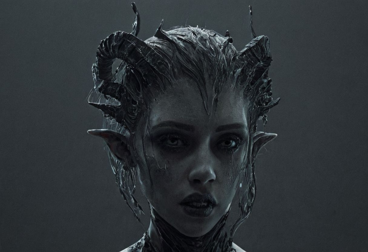 Horror-themed,  <lora:Demon Girl:0.8>
Demon Girl a woman with a weird head piece and a weird hair style, Eerie, unsettling, dark, spooky, suspenseful, grim, highly detailed