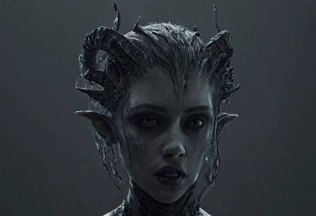 Horror-themed, <lora:Demon Girl:0.8>
Demon Girl a woman with a weird head piece and a weird hair style, Eerie, unsettling, dark, spooky, suspenseful, grim, highly detailed