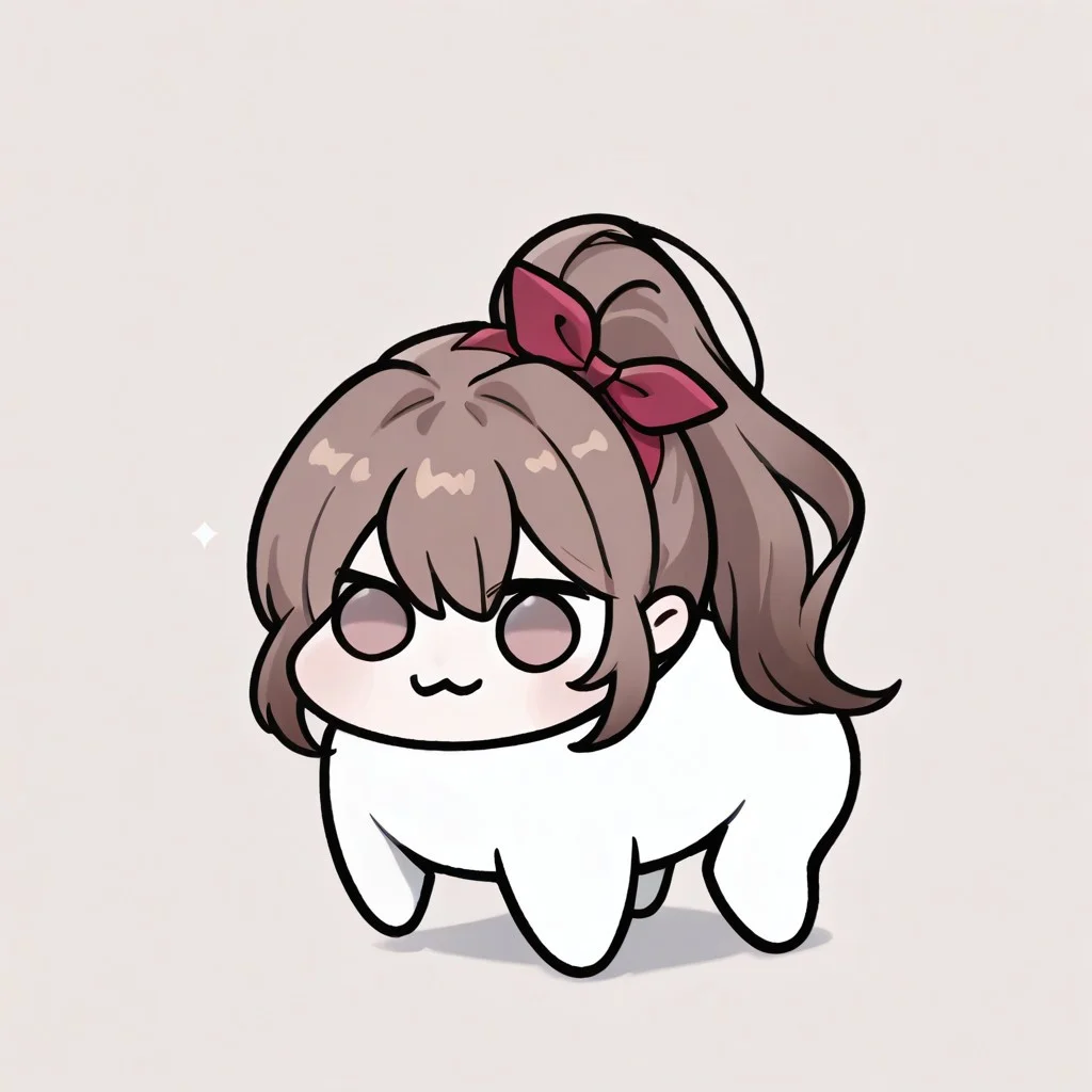 ruirui,brown hair,long hair,ponytail,long hair,hair bow,doro, :3, chibi, no pupils, solid circle eyes, full body, white skin, all fours,