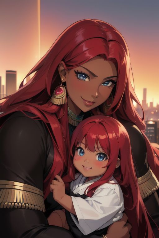 masterpiece, best quality, ultra realistic, 8k uhd, very high quality, extremely detailed face:, very dark skin and very muscular Egyptian-Japanese mother holding her very dark skin female toddler, both are smiling and happy, both have very dark skin as well as bright blue eyes and absurdly long ruby red hair, super long ruby red hair, muscles, city background