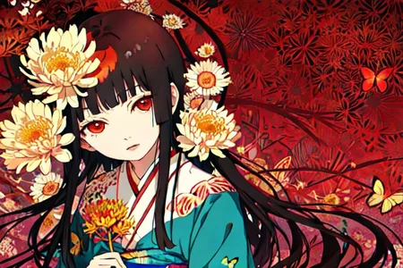 Enma Ai, 1girl, chrysanthemum, flower, solo, japanese clothes, long hair, kimono, yellow flower, butterfly, hair spread out, purple flower, sash, floral print, black hair, bug, red eyes, lying, obi, orange flower, bangs, on back, kikumon, spider lily, pink flower, colorful, red flower, blunt bangs, blue flower, looking at viewer, parted lips, butterfly print, print kimono, long sleeves, crane \(animal\), pale skin, wide sleeves, from above, <lora:Enma Ai:0.8>