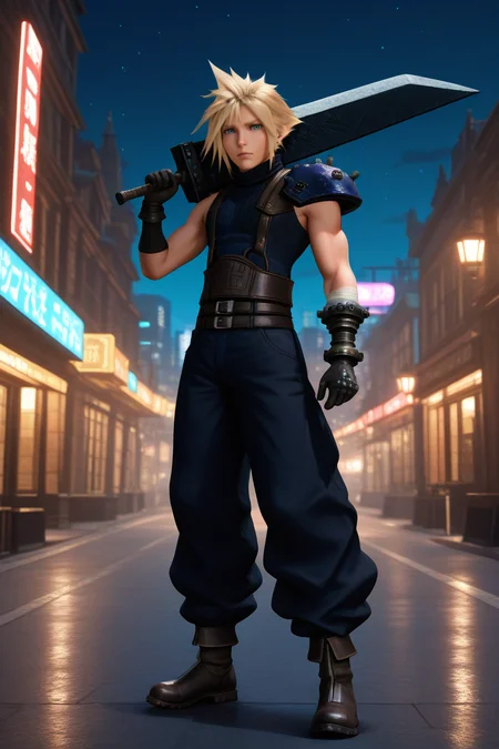 masterpiece, best quality, amazing quality, highres, absurdres, intricate detail,realistic,scenery, cinematic,anime,3d,1boy, solo, male focus , , ,<lora:cloud:0.93>, cloud strife,blonde hair,blue eyes,short hair,spiky hair,looking at viewer,gloves, holding, standing, full body, weapon, boots, sleeveless, pants, belt, sword, holding weapon, armor, muscular, turtleneck, holding sword, suspenders, shoulder armor, sleeveless turtleneck, over shoulder, huge weapon, weapon over shoulder, baggy pants, buster sword,huge sword,city,night,outdoors