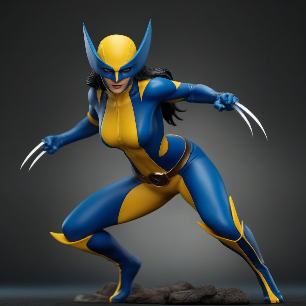 cinematic photo a full body woman with a mask and a blue and yellow bodysuit and claws, action poses <lora:X-23-1024:0.8> . 35mm photograph, film, bokeh, professional, 4k, highly detailed
