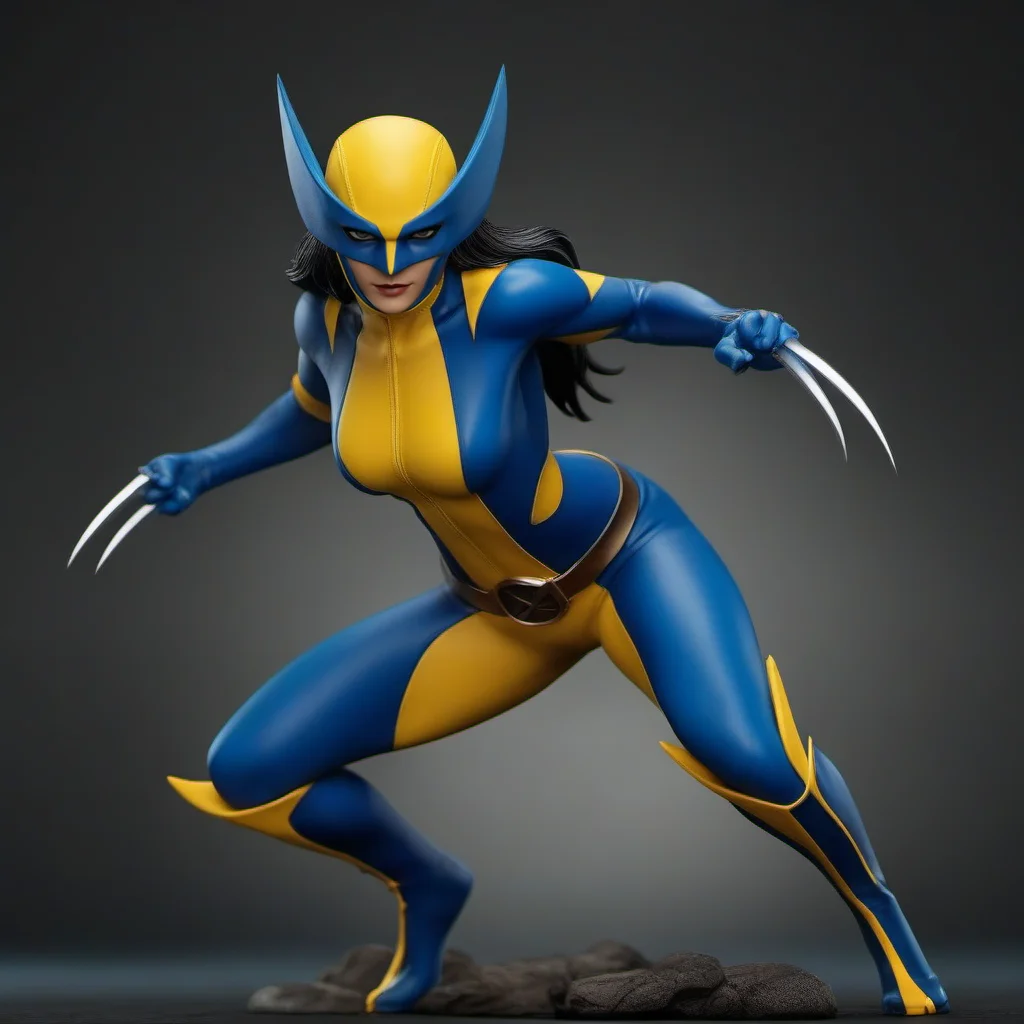 cinematic photo a full body woman with a mask and a blue and yellow bodysuit and claws, action poses <lora:X-23-1024:0.8> . 35mm photograph, film, bokeh, professional, 4k, highly detailed