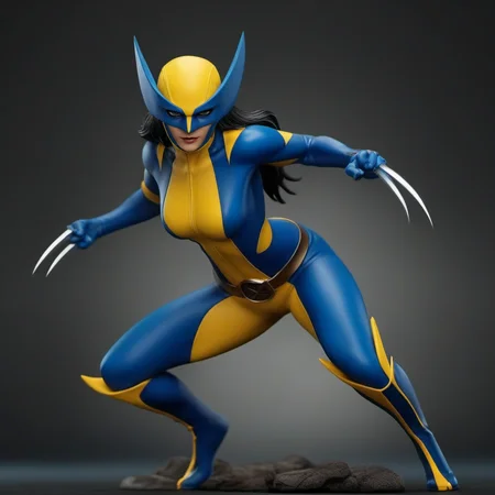 cinematic photo a full body woman with a mask and a blue and yellow bodysuit and claws, action poses <lora:X-23-1024:0.8> . 35mm photograph, film, bokeh, professional, 4k, highly detailed