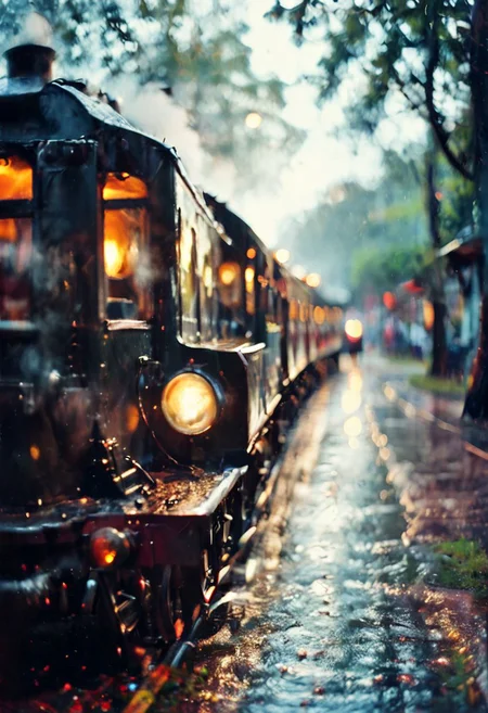 a steam train in rain, film, bokeh, professional, blur, lomo, 4k, uhd, masterpiece