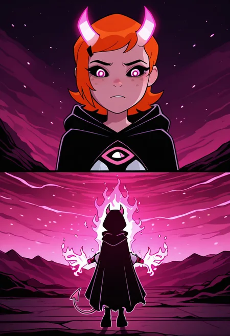 ((screencap, cartoon)) , masterpiece, best quality, amazing quality, very aesthetic, absurdres, newest,
gwenov, orange hair, 1girl,  freckles, 
cloak, black cloak, pink tears, demon eyes, pink pupils, black sclera, hood, cult, pink demon horns, glowing hands, translucent horns, demon tail, pink tail, translucent tail,