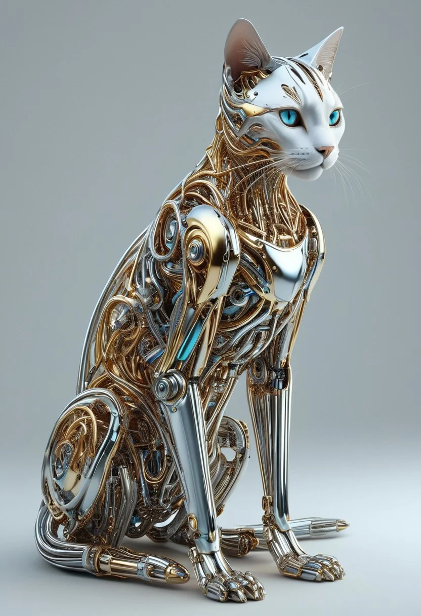 A stunning visually captivating scene of an ultrarealistic, gorgeously crafted feminine robot, her sleek metallic frame gleaming under dynamic, intricately layered lighting that creates a mesmerizing interplay of light, shadow, reflection, and subtle refraction. The use of cutting-edge raytracing techniques ensures every surface—from her polished chrome joints to her intricately detailed facial contours—renders with breathtaking realism, capturing microscopic textures and delicate imperfections that lend an organic quality to her design. The atmosphere is softened by a play of dreamy, diffused light, reminiscent of a slightly cartoon-inspired ethereal glow, with a subtle shimmer accentuating the edges of her form. Beside her, perched on her shoulder or playfully interacting at her feet, is a gracefully elegant cat, its fur rendered with exquisite detail, from the finest strands of hair catching the light to the spark of curiosity in its luminescent eyes. The palette leans into muted metallics with hints of pastel tones—soft silvers, brushed golds, and iridescent blues—imbuing the scene with a whimsical, futuristic, yet gentle ambiance. A faint, distant hum, almost imperceptible, reinforces the serene yet slightly magical tone. Together, the robot and the animal interact with an implicit narrative of companionship, their bond highlighted in this enchanting moment balanced between realism and fantasy.
