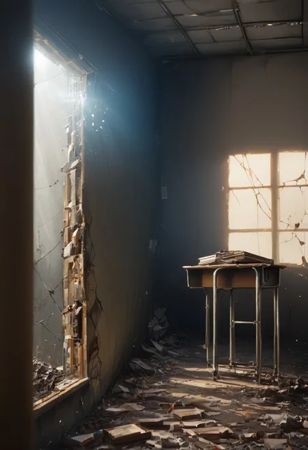 score_9, score_8_up, score_7_up, 8k, interior view, 1girl, SH_S4X, instrument, solo, solo focused, Kikuchi Makoto in the middle of an old classroom of an abandoned school playing saxophone, (playing instrument:1.2), <lora:Sheeps_Saxophone:0.8> 
<lora:KikuchiMakoto_pony_v1:0.9> kkcmkt, detailed face, detailed eyes, (Kikuchi Makoto, jeans, boots:1.4), (short hair, black hair, antenna hair, hair between eyes, black eyes:1.6), flat chest, <lora:loraeyesxl:0.4> <lora:d4rk01lXLP:0.5> d4rk01l, ruanyi0056, (chalkboard, classroom, ceiling light, debris on floor, stool, chair, table, desk, school desk, shelf, curtains, book stack:1.3), bottle, box, broken glass, broken window, building, cardboard box, door, glass, grass, indoors, messy room, pillar, plant, rock, rubble, ruins, school, stone wall, trash can, wall, window, dirty, dirt, dust, <lora:0056 abandoned schoolv1_pony:1>