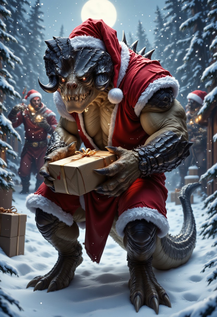 A photorealistic depiction of a massive, muscular Deathclaw dressed as Santa Claus including a Santa Hat in the North Pole. The Deathclaw is wearing Santa's outfit, with curved horns adding an even more striking and intimidating appearance. The Deathclaw is holding a wrapped present.