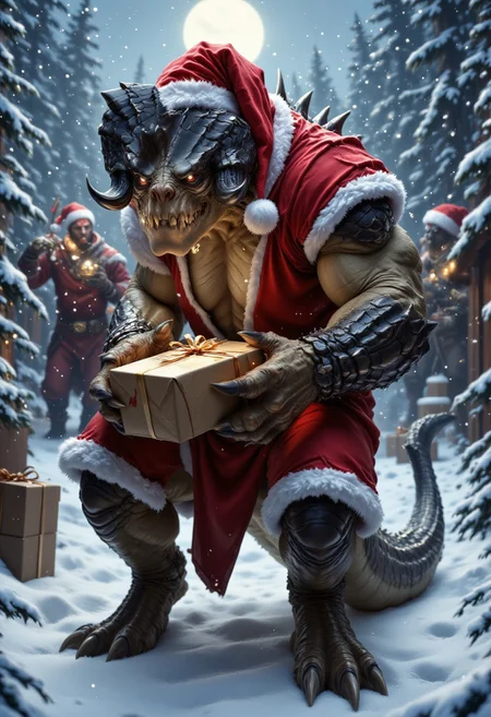A photorealistic depiction of a massive, muscular Deathclaw dressed as Santa Claus including a Santa Hat in the North Pole. The Deathclaw is wearing Santa's outfit, with curved horns adding an even more striking and intimidating appearance. The Deathclaw is holding a wrapped present.
