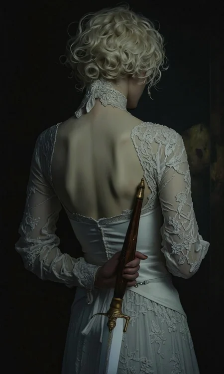 By Phandigrams. A photo-realistic shoot from a profile camera angle about a woman in a white lace dress holding a sword, with a shadow behind her back. the image also shows a dark, moody background with soft lighting and shadows. on the middle of the image, a 1woman, who appears to be in her late twenties, with short, wavy, platinum blonde hair, is facing away from the viewer. she is standing with her back to the viewer, with her upper body visible. her hair is styled in a messy, curly manner, and she is wearing a white, lace-trimmed wedding dress with long sleeves. the dress has a corset on the back, and the woman is holding a large, ornate dagger in her right hand. the overall mood is dark and moody, with the woman's shadow adding a sense of mystery to the image.
