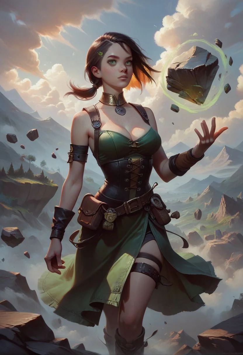 score_9, score_8_up, score_7_up, hyperdetailed, hyperrealistic, volumetric lighting, skinhairdetail, negative_hand, g0thicPXL, GTA, score_9, score_8_up, score_8_up, fantasy setting,
1girl, solo girl, solo girl, brown hair, short hair, low ponytail, green eyes, freckles, fit body, large breasts, slim waist,
leather green toga, side cut, medieval clothes, gold chocker, wrist bands, cleavage, metal chocker,
mountains, rock formation,
earthmode, earth bending, rocks floating, floating rock in hand, earth magic, stone gantlets,