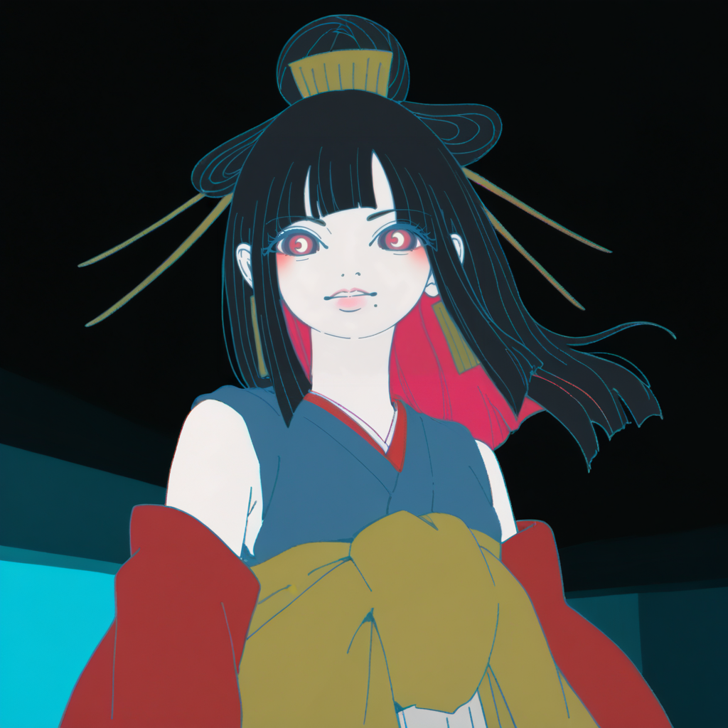 Bubble art, Cyberpunk weird anthropomorphic score_9, score_8_up, score_7_up, score_6_up, score_5_up BREAK t1u5, 1girl, mole under mouth, colored sclera, pink eyes, symbol-shaped pupils, long hair, black hair, blue kimono, sleeveless, earrings, hair stick, hime cut, sidelocks, hair ornament, colored inner hair, yellow obi, red sleeves, detached sleeves, cowboy shot, pale skin, looking at viewer, solo, <lora:tukiGirlPDXL16v0.95cametx1:0.9> in style, neon glow, realistic, by Anna Dittmann and Carne griffiths, dark shot, global illumination, Wide-angle