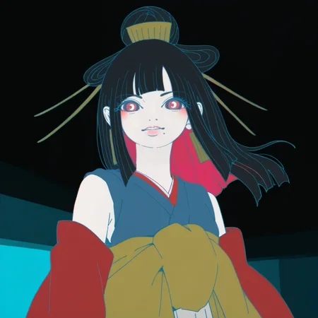 Bubble art, Cyberpunk weird anthropomorphic score_9, score_8_up, score_7_up, score_6_up, score_5_up BREAK t1u5, 1girl, mole under mouth, colored sclera, pink eyes, symbol-shaped pupils, long hair, black hair, blue kimono, sleeveless, earrings, hair stick, hime cut, sidelocks, hair ornament, colored inner hair, yellow obi, red sleeves, detached sleeves, cowboy shot, pale skin, looking at viewer, solo, <lora:tukiGirlPDXL16v0.95cametx1:0.9> in style, neon glow, realistic, by Anna Dittmann and Carne griffiths, dark shot, global illumination, Wide-angle