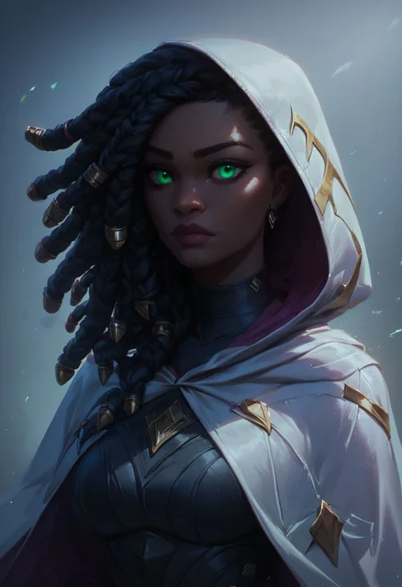(((beautiful, hyper realistic, high quality))), portrait, score_9, score_8_up, score_7_up, realistic,
1girl, dark skin, green eyes, black dreadlock, black top, long black gloves, white hooded cape, black pants