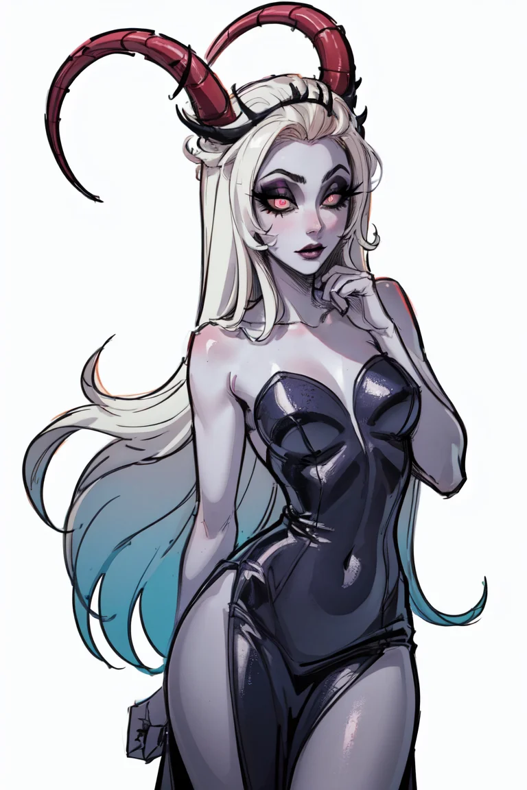 (Lilith:1.2), (grey skin, grey sclera, white iris, demon horns, makeup), (DefaultOutfit:1.2), (black dress, strapless), (white background, plain background:1.5), (realistic:1.2), (masterpiece:1.2), (full-body-shot:1),(Cowboy-shot:1.2), neon lighting, dark romantic lighting, (highly detailed:1.2),(detailed face:1.2), (gradients), colorful, detailed eyes, (detailed landscape:1.2), (natural lighting:1.2), (shy pose, cute pose:1.2), (solo, one person, 1girl:1.5),<lora:LilithHazbinHotel-10:0.8> <lora:add_detail:0.15> <lyco:coloredSkin-08:0.45>