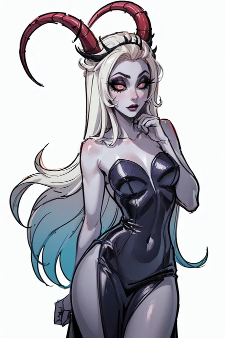 (Lilith:1.2), (grey skin, grey sclera, white iris, demon horns, makeup), (DefaultOutfit:1.2), (black dress, strapless), (white background, plain background:1.5), (realistic:1.2), (masterpiece:1.2), (full-body-shot:1),(Cowboy-shot:1.2), neon lighting, dark romantic lighting, (highly detailed:1.2),(detailed face:1.2), (gradients), colorful, detailed eyes, (detailed landscape:1.2), (natural lighting:1.2), (shy pose, cute pose:1.2), (solo, one person, 1girl:1.5),<lora:LilithHazbinHotel-10:0.8> <lora:add_detail:0.15> <lyco:coloredSkin-08:0.45>