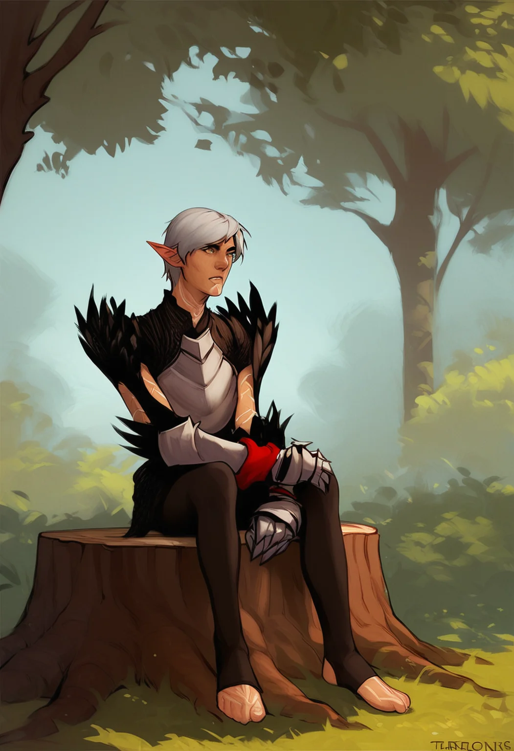 bludwing style, score_9, score_8_up, score_7_up, score_6_up, score_5_up, score_4_up, 1boy, solo, fenris, sitting on a tree stump. he has grey hair, hazel eyes, white body markings, pointy ears. he wears black armor with open sleeves, silver breastplate, black feather pauldrons, silver gauntlets with black feather trim, black stirrup leggings. A red cloth is wrapped around his right wrist. <lora:fenris_1_sdxl:1>