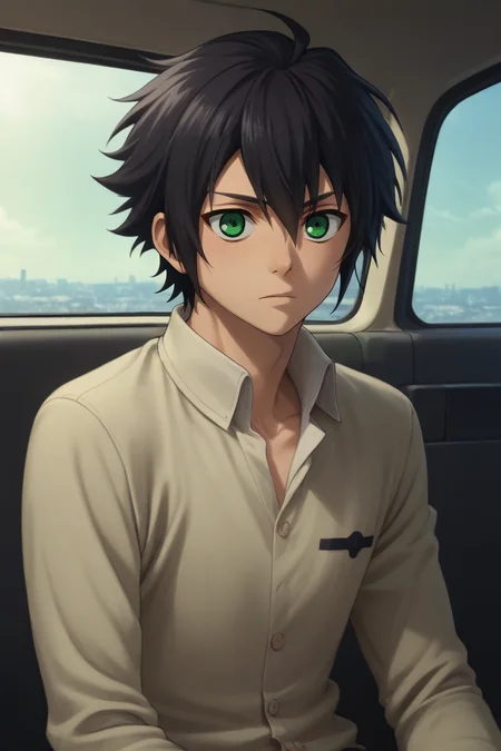score_9, score_8_up, score_7_up, source_anime, intricate details, semi-realistic, , upper body, , 1boy, solo, male focus, <lora:yuuichirou_hyakuya_pony:0.86>, yuuichirou_hyakuya, black hair, green eyes, short hair, hair between eyes, , vehicle interior, Sitting crossed-legged, relaxed, <lora:sdxl_lightning_8step_lora:1>