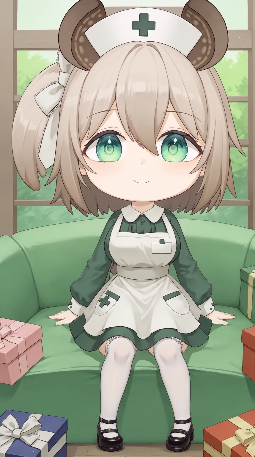 score_9, score_8_up, score_7_up,anime_source, source_anime, indoors,  best background, detailed background, anime screencap, 4k, upscale,  Nimi_Nightmare, sitting on hands, presents, chibi sitting on hands, cinematic lighting, amazing quality, very aesthetic, absurdres, best quality, 4k, upscale, Nimi_Nightmare, 1girl, smile, green eyes, nurse cap, green dress, long sleeves, hair between eyes, black footwear, brown hair, white apron, animal ears, thighhighs, hair bow, <lora:Nimi_Nightmare_PONY:0.8>