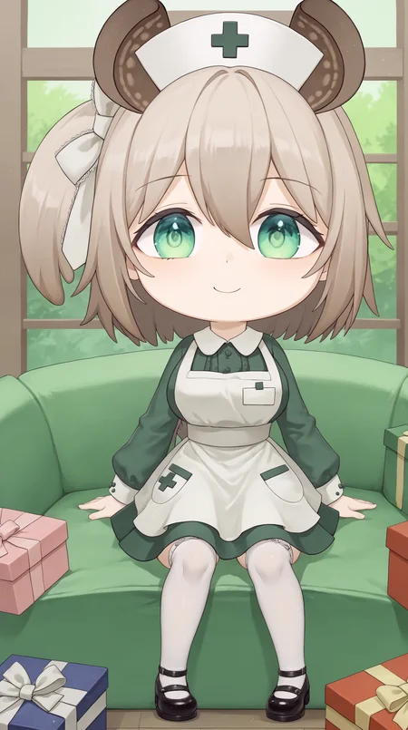 score_9, score_8_up, score_7_up,anime_source, source_anime, indoors, best background, detailed background, anime screencap, 4k, upscale, Nimi_Nightmare, sitting on hands, presents, chibi sitting on hands, cinematic lighting, amazing quality, very aesthetic, absurdres, best quality, 4k, upscale, Nimi_Nightmare, 1girl, smile, green eyes, nurse cap, green dress, long sleeves, hair between eyes, black footwear, brown hair, white apron, animal ears, thighhighs, hair bow, <lora:Nimi_Nightmare_PONY:0.8>