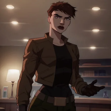 safe_pos, score_9, score_8_up, score_7_up, 1girl, solo, lipstick, brown hair, short hair, brown eyes, breast, black shirt, brown jacket, gloves, Scandal Savage (dc), looking at viewer, pants belt, indoors