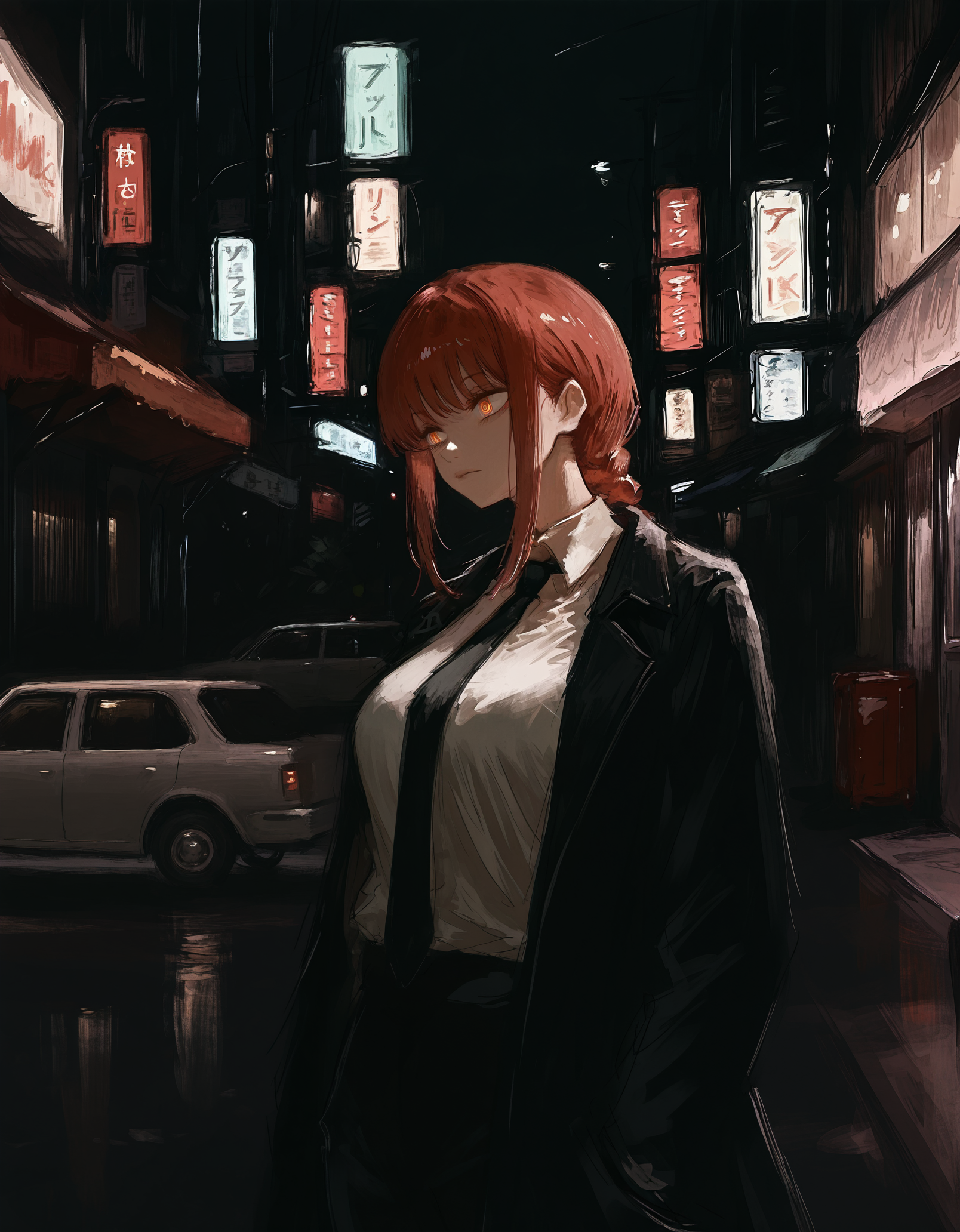 masterpiece,  best quality, newest, highres, absurdres,  <lora:fuyumur4s4ki_style:1>,fuyumur4s4ki_illu, makima \(chainsaw man\), 1girl, solo, necktie, shirt, white shirt, black necktie, red hair, collared shirt, ground vehicle, medium hair, dark, night, formal, suit, motor vehicle, black jacket, sidelocks, bangs, black coat, jacket