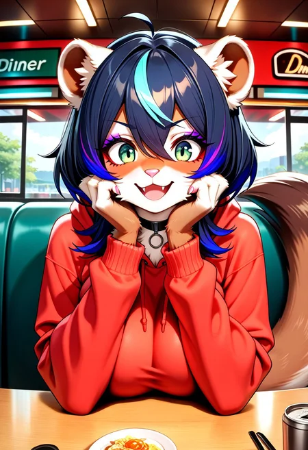 masterpiece, best quality, amazing quality, very aesthetic, absurdres, newest, source_furry, brown body fur, furry female, wsg01, anthro weasel, large breasts, eyeliner, weasel ears, weasel tail, claws, paws, (dark blue hair hair, medium hair, messy bangs, violet highlights:1.1), choker, red hoodie, green eyes, excited, hands on own face, indoors, diner, view from the side, upper body