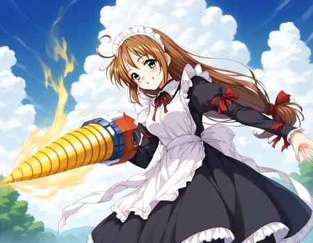 score_9, score_8_up, score_7_up, source_anime, rating_explicit, BREAK <lora:Spiral_Nami_Ver2.0_XL:1> Spiral_Nami_drill, brown hair, green eyes, maid headdress, ahoge, low-tied long hair, maid, medium breasts,
smile, apron, sky, cloud, day, outdoors, blush, looking at viewer, holding, ribbon, long sleeves, red ribbon, bow
outdoor, sky, spark, aura,