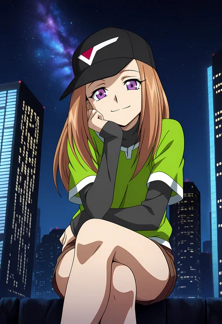 masterpiece,best quality,amazing quality,
solo,
Noa Hoshizaki (Cardfight Vanguard), long hair, brown hair,
purple eyes, hat, baseball cap, green shirt, black headwear, layered sleeves, short sleeves, short over long sleeves, layered sleeves, brown shorts,
looking at viewer, smile, cheeks leaning on arm,
cinematic, cross legs, crossing legs,
Outdoors, night, On top skyscraper, sci-fi city, (galaxy sky:1.2),
Lens flare, bloom,
Official style, anime screencap, anime coloring,