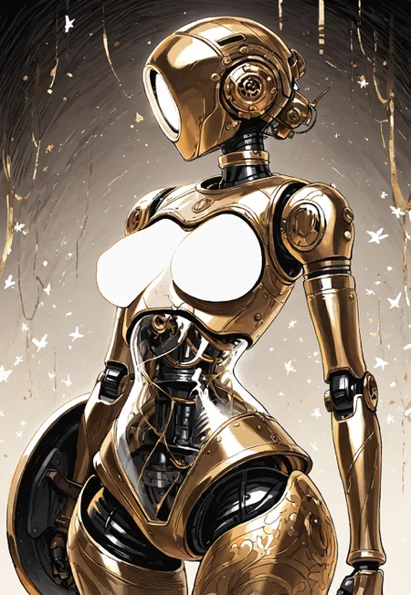masterpiece, best quality, amazing quality, high resolution, aesthetic, robot girl, ((robot body)), robot joints, medium breasts, wide hips, metal body, angelic, glowing white details, gold details, rim lighting, pretty hair, scifi, transparent body, vintage robot, steampunk, wide robot head, inhuman head, holding scifi shield, traditional media, rough sketch, linear hatching,