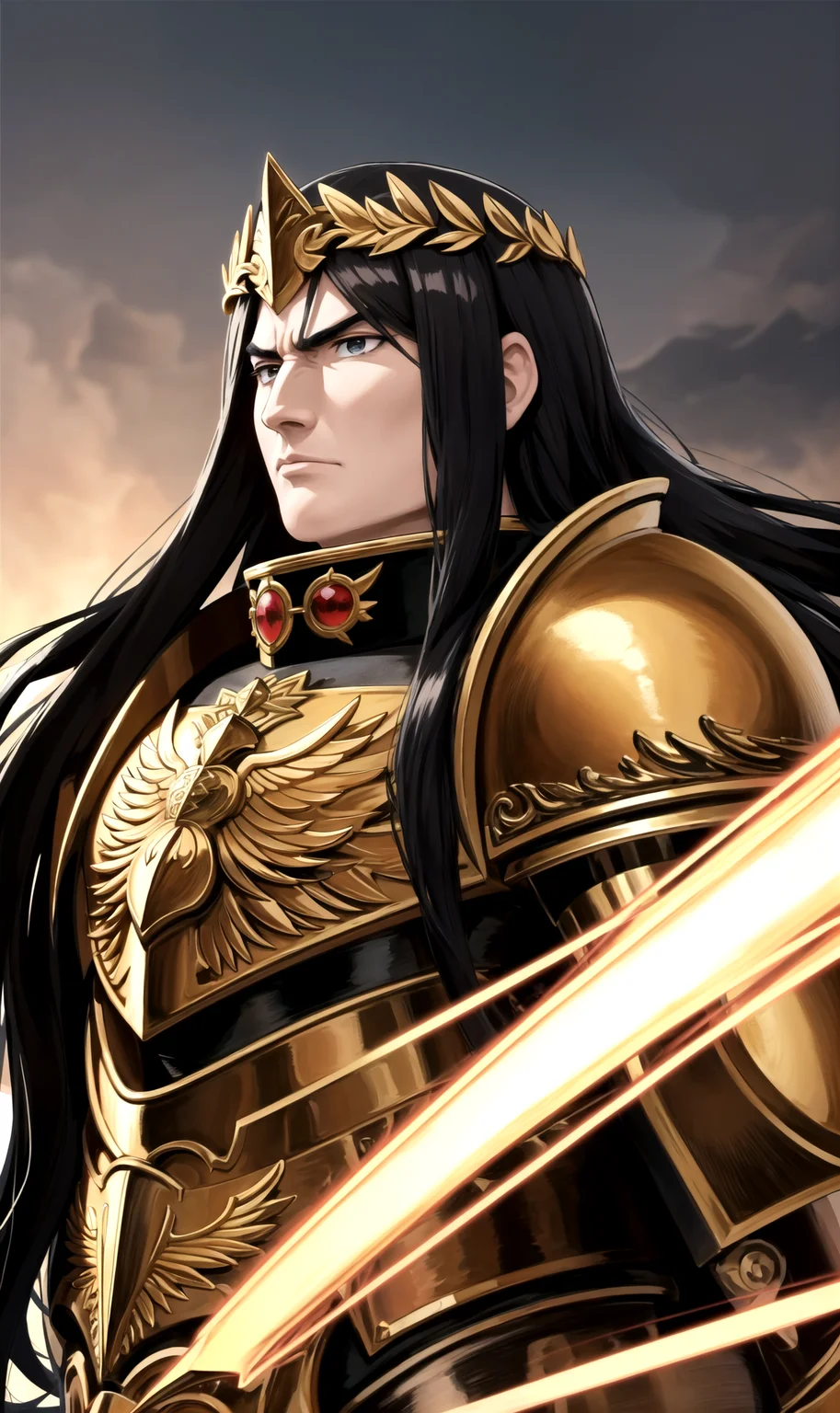 ((in the Style of Studio Trigger)), (((Emperor of Mankind, long black hair, manly chin, gold Armor, ))), ((medium long shot, low angle, looking at viewer, motion,)), eyecatch, <lora:ttgl-eyecatch-original:0.5>
masterpiece, best quality, hyperrealistic, extremely detailed, highly quality, 4k, sharp focus,professional photograph, sharp focus, award winning, cinematic lighting, octane render, unreal engine, volumetrics dtx, <lora:efm-l1:0.4>