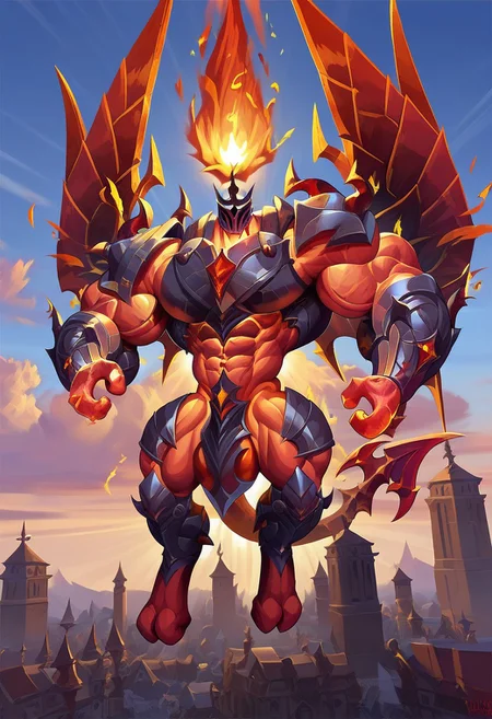 score_9,score_8_up,score_7_up, 1boy, solo, male Focus, Infernal Galio, Fire, Infernal, Demonic, Armor, Partially armored, Abs, Tail, Wings, Helmet, Gauntlets, 3 fingers, 3 toes, Glowing eyes, Burning head, (hyper muscle), broad shoulders, small waist, hyper bulge, flying, flying pose, on sky, Orange sky, Sun, Sun rays, clouds