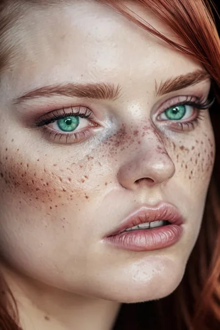 full face,Hyper-realistic extreme close up portrait of a (demonic female:1.5) face,freckles,ginger hair,(rough skin:1.2), revealing the minutest details,intense green eyes,dark makeup,such as (individual pores, delicate peach fuzz, and barely visible blemishes), capturing the intricate skin texture, (natural, flushed hues), and the authentic, vivid details of the subject's (mouth,lips,eyes), providing a stunningly intimate view of human beauty and imperfections, realistic, hyper realistic, highly detailed, depth of field, Detailed and Intricate, Photo, HD, Cinematic, Dynamic Lighting, (bokeh), ((captivating)), lens flare, (god rays:1.1), (cinema effect), red eye veins

, ((detailed face and eyes)),  <lora:epiNoiseoffset_v2:0.76>