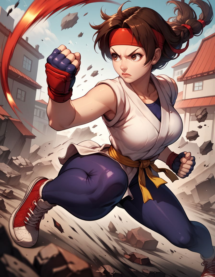 score_9, score_8_up, score_7_up,score_6_up, score_5_up, score_4_up , 1girl, solo,
large breasts,
ysakazaki,
brown hair, brown eyes,
dougi, sneakers, spandex, headband, fingerless gloves, 
fighting stance, punch, 
from above,
clenched hand, 
city, rubble,
 <lora:Ysakazaki KOF v01-000003:0.90>