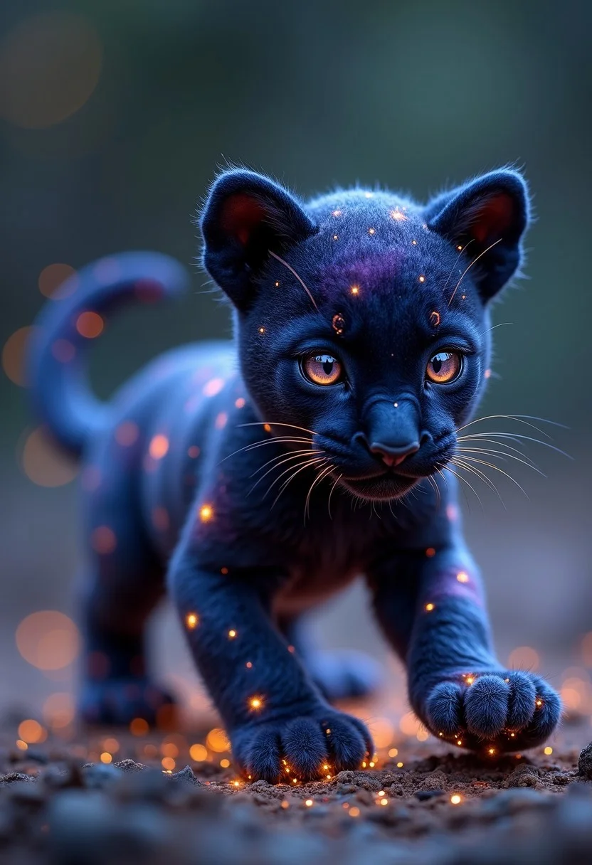 Imagine a pet that is a small panther cub infused with the cosmos. Its fur is a deep, velvety black, but as it moves, its coat shimmers with swirling galaxies, constellations, and distant stars. The creature’s eyes glow like twin moons, shifting between silver and deep purple, and its claws leave faint traces of stardust wherever it walks. Its body moves with feline grace, but when it runs, it appears to phase in and out of reality, leaving behind trails of nebula-like mist. The creature is both mysterious and majestic, a loyal companion to any star-gazing mage.
