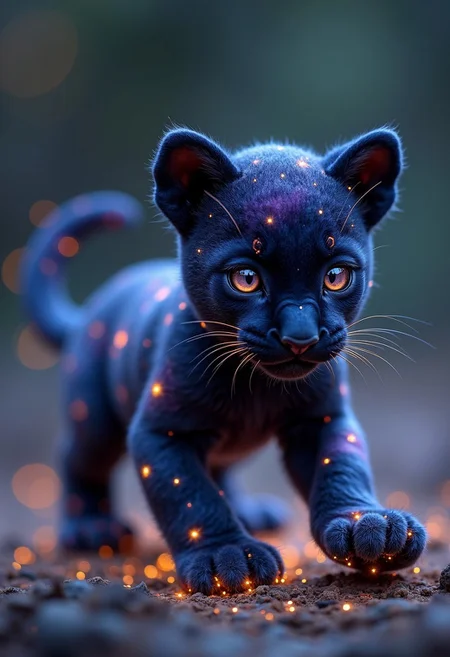 Imagine a pet that is a small panther cub infused with the cosmos. Its fur is a deep, velvety black, but as it moves, its coat shimmers with swirling galaxies, constellations, and distant stars. The creature’s eyes glow like twin moons, shifting between silver and deep purple, and its claws leave faint traces of stardust wherever it walks. Its body moves with feline grace, but when it runs, it appears to phase in and out of reality, leaving behind trails of nebula-like mist. The creature is both mysterious and majestic, a loyal companion to any star-gazing mage.