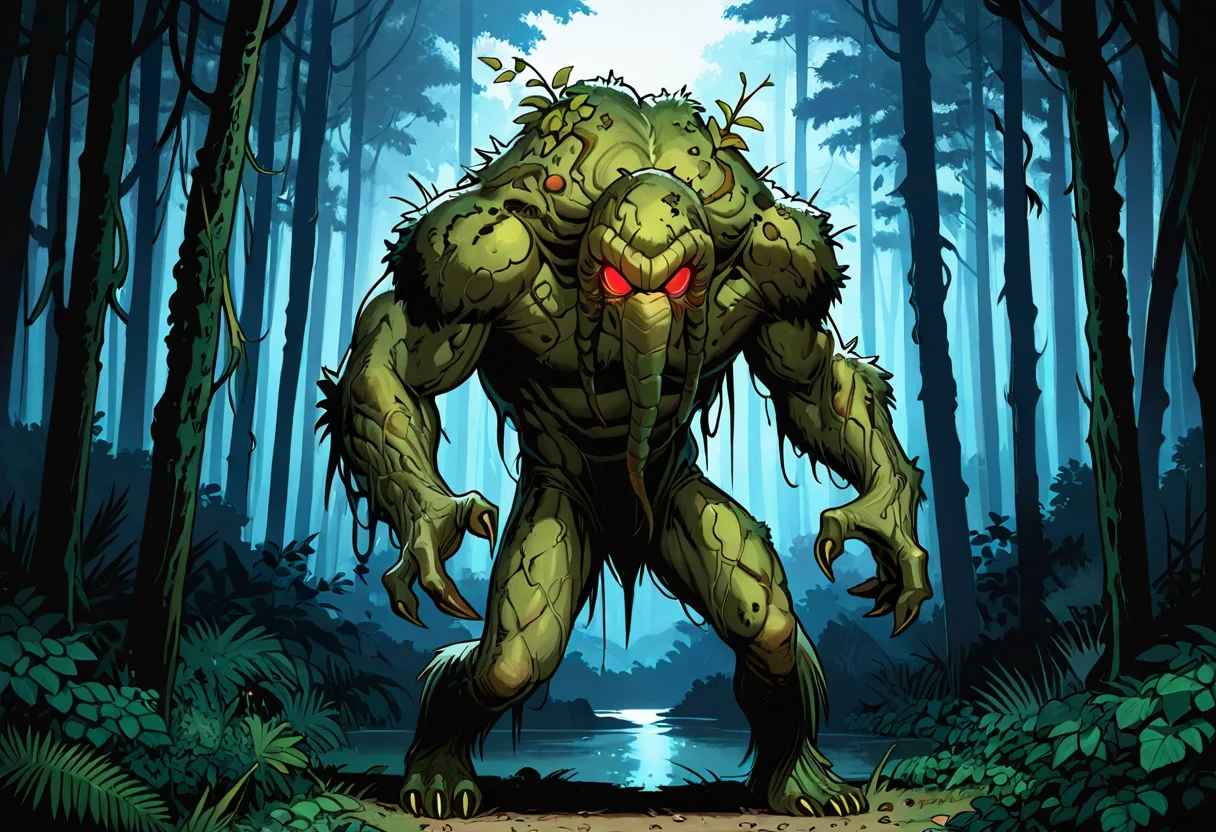 best quality, amazing quality, very aesthetic, absurdres, newest, high quality, masterpiece BREAK ManTh1ing, trunk appendages, 1boy, swamp monster, plant skin, moss covered skin, red eyes, veins, muscular, swamp, standing, monstrous, glowing eyes, bulky, claws, nature, humanoid, attack, veins, vines, full body <lora:Man-Thing_Marvel_Comics:1>