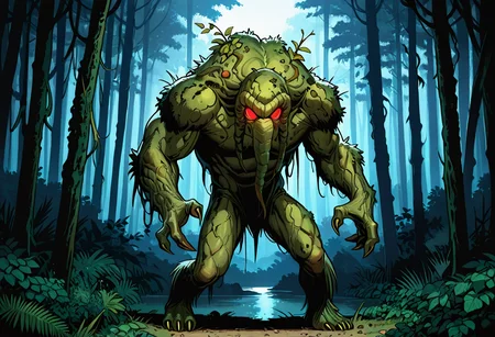 best quality, amazing quality, very aesthetic, absurdres, newest, high quality, masterpiece BREAK ManTh1ing, trunk appendages, 1boy, swamp monster, plant skin, moss covered skin, red eyes, veins, muscular, swamp, standing, monstrous, glowing eyes, bulky, claws, nature, humanoid, attack, veins, vines, full body <lora:Man-Thing_Marvel_Comics:1>