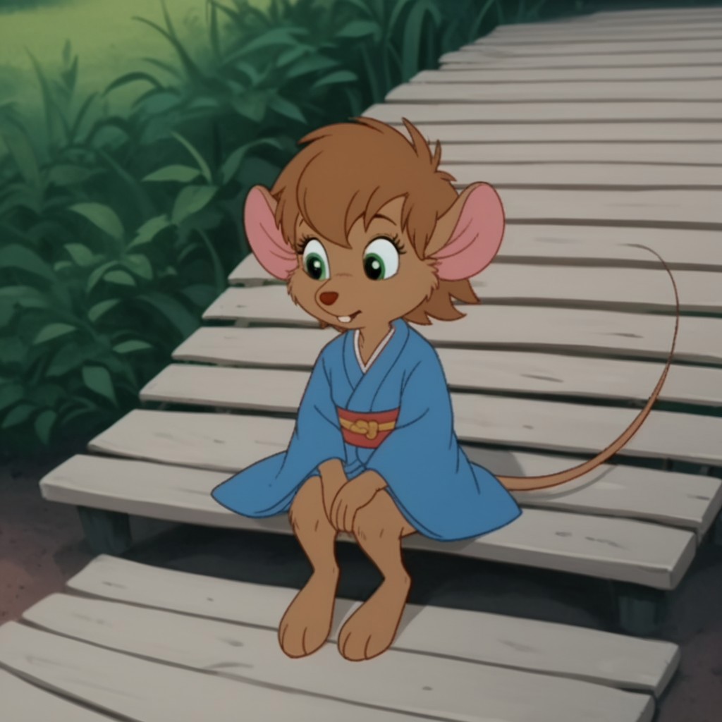 score_9, score_8_up, score_7_up, score_6_up, score_5_up, score_4_up, source_furry, abigailouafv2, semi-anthro, female, mouse, brown fur, green eyes, brown hair, short hair, kimono, sitting, outside