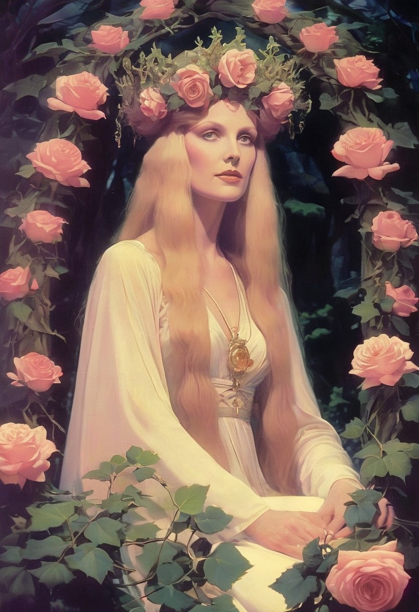 The midnight crowning of the May Queen by a coven of eldritch dryads — her throne built from bones wrapped in ivy, her crown of roses weeping pink light. Her eyes blaze like twin Beltane bonfires as foxes with black silk tails dance around her in synchronized spirals.  
, VHS screen grab, grainy, old footage, in the style of an old 80's VHS dark fantasy, VHS screen grab, grainy, old footage