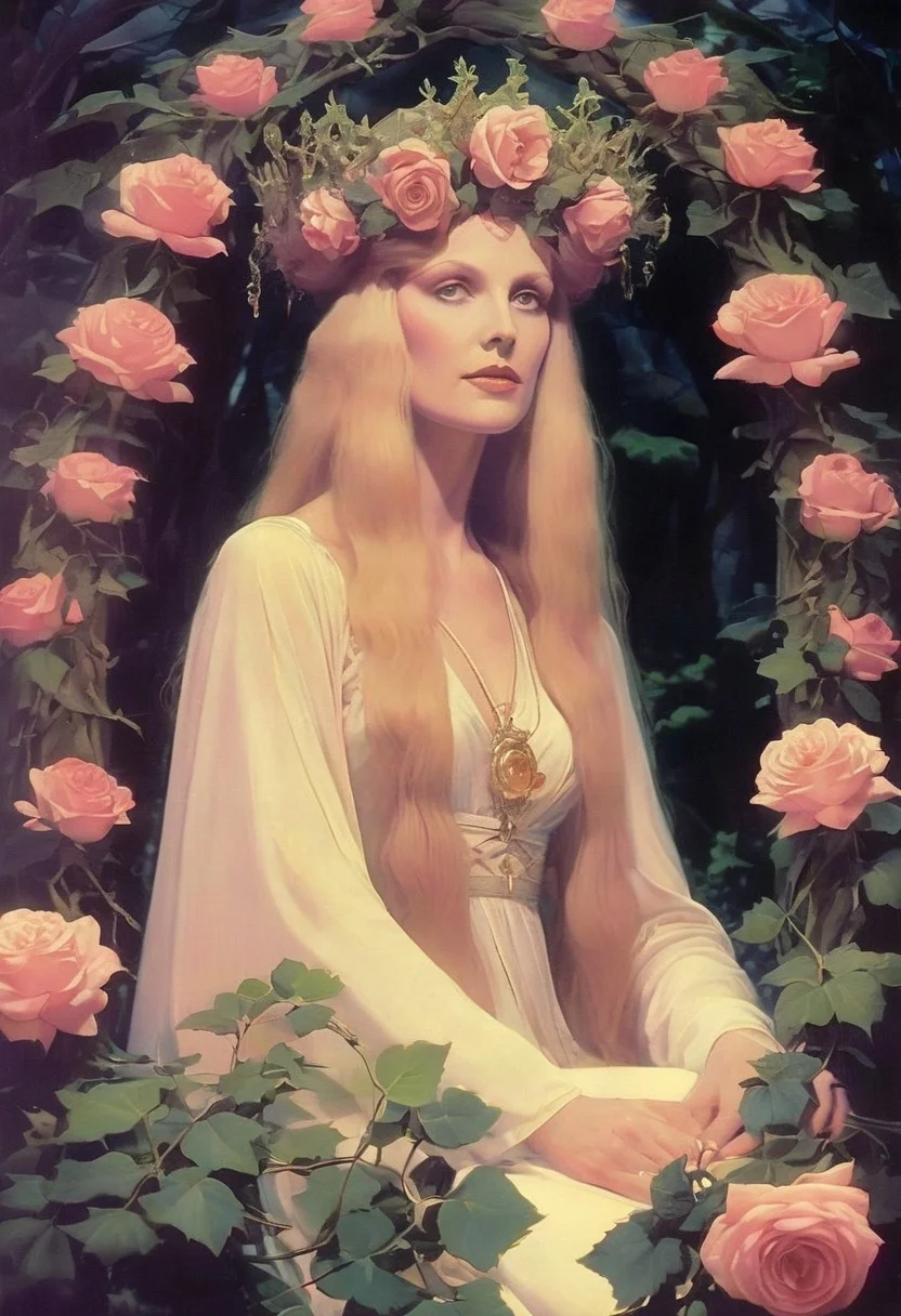 The midnight crowning of the May Queen by a coven of eldritch dryads — her throne built from bones wrapped in ivy, her crown of roses weeping pink light. Her eyes blaze like twin Beltane bonfires as foxes with black silk tails dance around her in synchronized spirals.
, VHS screen grab, grainy, old footage, in the style of an old 80's VHS dark fantasy, VHS screen grab, grainy, old footage