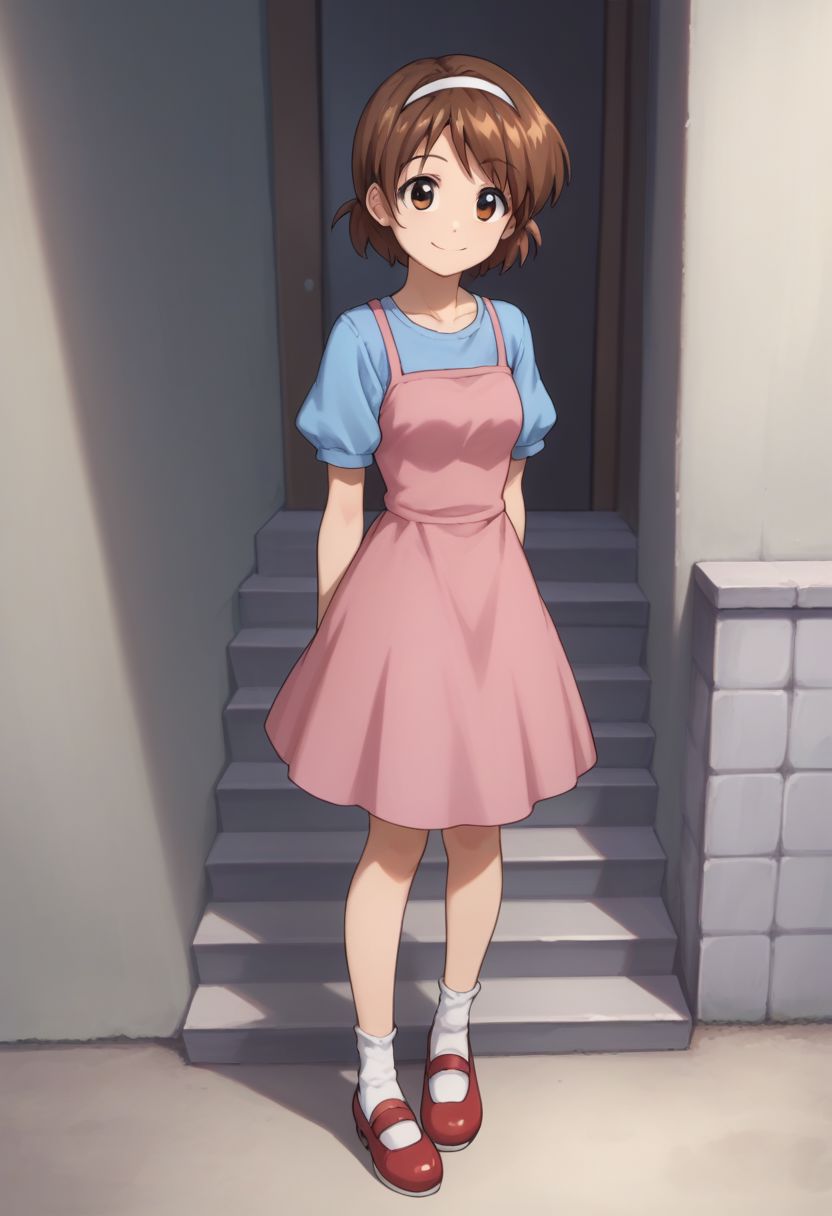 score_9, score_8_up, score_7_up, source_anime, 
sanae, 1girl, solo, brown hair, brown eyes, hairband, short hair, smile, dress, pink dress, skirt, blue shirt, socks, shoes, red shoes,