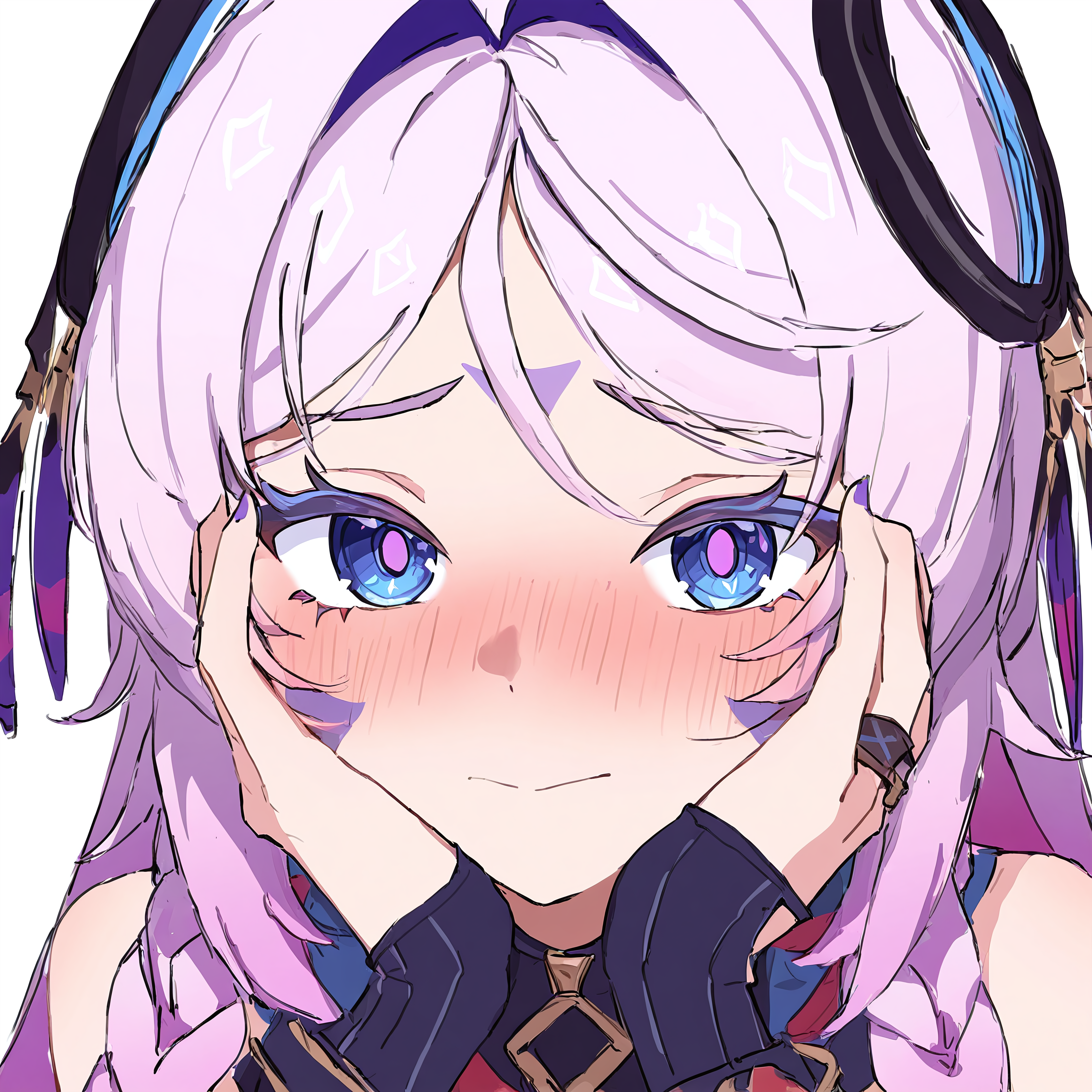 1girl, solo, citlali, ring hair ornament, close-up, shy, hands on own cheeks, blush, embarrassed, blue eyes, simple background, pink pupils, confused, worried, masterpiece, best quality, absurdres, highres,