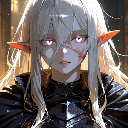 masterpiece, best quality, newest, absurdres, highres, GOTPV1.0, oil painting (medium), 
1girl, pale, white skin, colored skin, pale skin, soft lips, glossy lips, elf, pointy ears, detailed eyes, glowing eyes, muscular woman, armor, cape, leather armor, scar, scars on face, white hair, long hair, messy hair, black armor, black leather,
