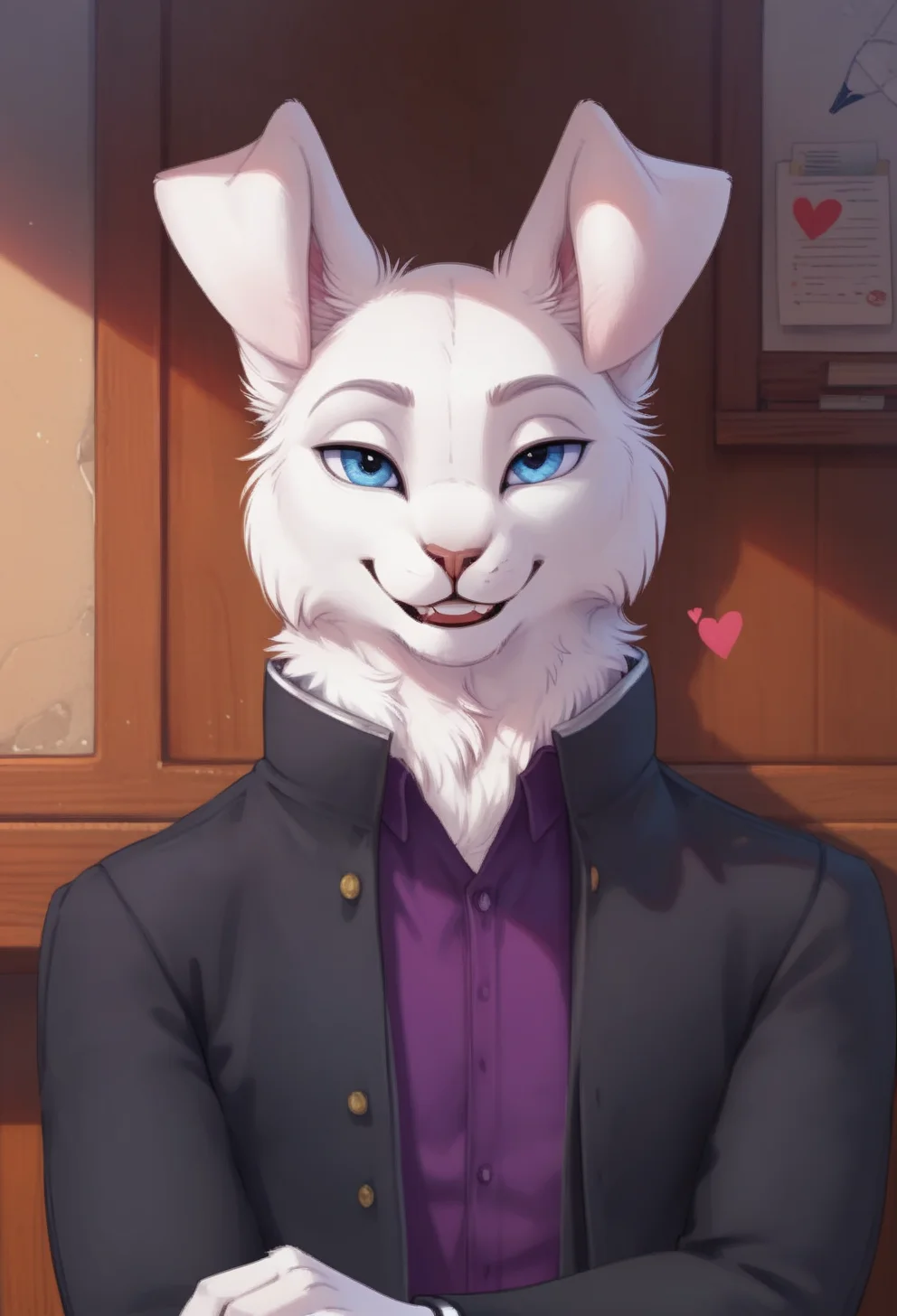 score_9, score_8_up, score_7_up, score_6_up, 1anthro, 1human, male, , furry, detailed fur, anthro, eyes, , perfect face, detailed eyes, perfect eyes, sexy, sexy boy, beautiful eyes, perfect cute face, petite body, face focus, low angle, close up, looking at viewer, face focus, outdoors, detailed lighting, detailed background,
smug expression, floating hearts, eye focus, smug, pleased, mischievous, smirk, seductive pose, indoors, classroom, school, leaning against wall, , flirty, flirting with viewer, posing, seductive pose, posing for viewer, seductive, upper body, portrait, smiling, loving
bedroom eyes, detailed eyes, perfect eyes, beautiful eyes, , detailed fur, tail, eyes, realistic fur, , solo, 1 boy, young, (((handsome, detailed face and eyes))), rabbit, solo, detailed fluffy fur , realistic blue eyes, neck fluff, blue eyes, extremely detailed eyes, anthro rabbit, athletic, , buck teeth, rabbit teeth, sexy, tail, eyes focus, anthro hands, detailed anthro hands, detailed fluffy fur, white fur, grey jacket, purple shirt under jacket, school uniform, , clothing, bedroom, floppy ears, pure white fur, Keisuke, Keisuke_Urushihara, tail, uncensored, long ears, <lora:Keisuke_Urushihara_-_Tennis_Ace:0.65><lora:CleanDetailed_Eyes:0.25>
<lora:princess_xl_v1:1> <lora:Expressive_H:0.65> <lora:g0th1cPXL:0.45> <lora:incase-ilff-v3-4:0.3>