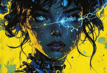 in the style of cksc,, This digital painting is an intense, atmospheric portrait bathed in neon yellow, with sapphire-blue tones and streaks of shimmering silver. The extreme close-up focuses on a single, mesmerizing ice-blue eye, its crystalline details refracting light like frozen glass, framed by thick, dark lashes casting delicate shadows. The surrounding skin is painted in fluid, velvety strokes of midnight blue and cool gray, creating a celestial texture that feels almost weightless. The lips, full and slightly parted, are a deep indigo with a glossy sheen, revealing a faint glimpse of pearl-white teeth. Wisps of silver-blue hair sweep across the face, blending effortlessly with the skin, their delicate strands catching the light like liquid metal. There is no distinct background—only the seamless fusion of colors and abstract, swirling textures that dissolve into the edges of the frame, making the face feel as though it exists in an endless dreamscape. The surreal and immersive style enhances the subject’s mystery and depth, with the artist’s signature subtly integrated into the flowing composition. Cracklings lightening surrounds her face.