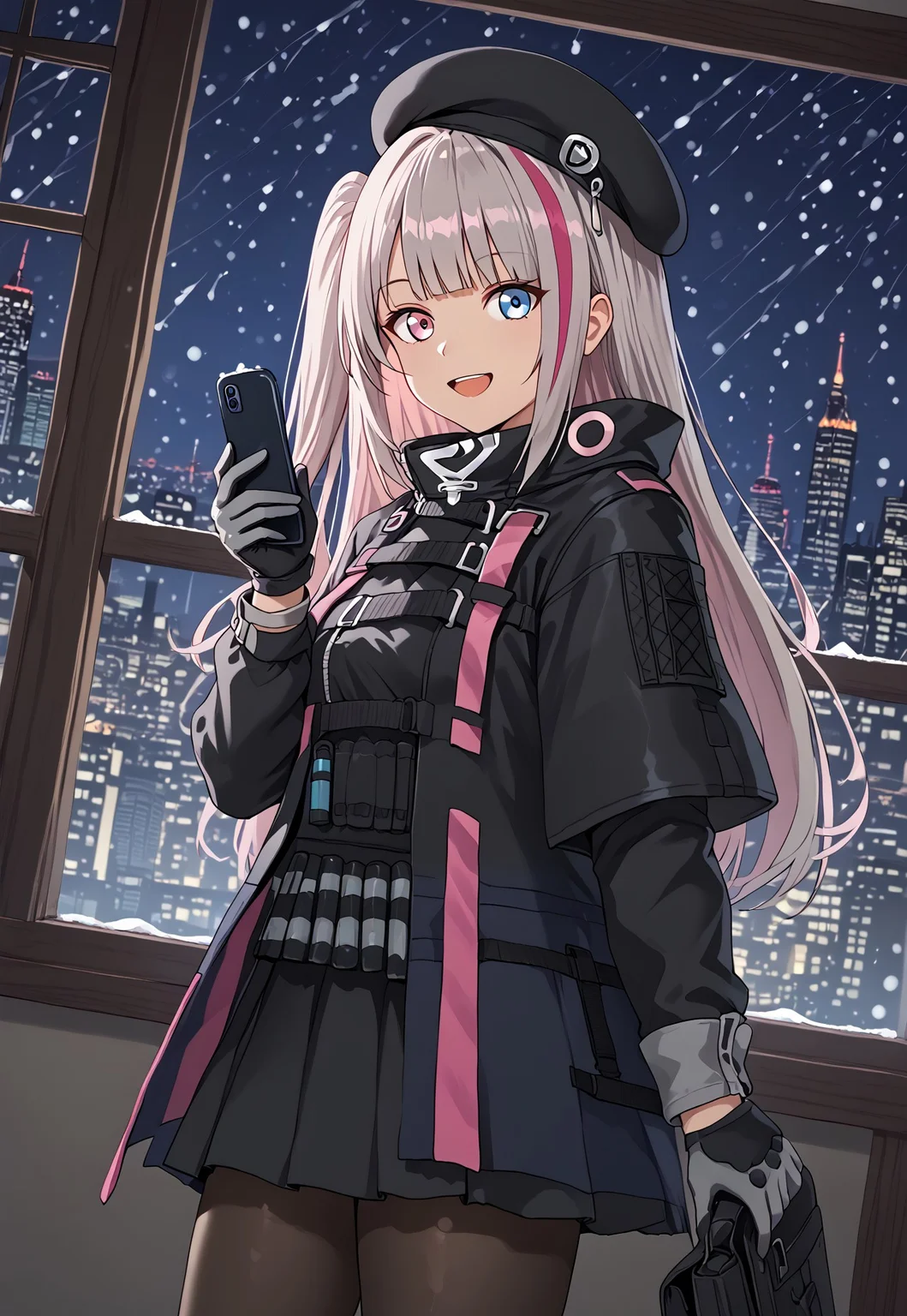 1girl, solo, solo focus, highres, absurdres, MDR1st, multicolored hair, long hair, streaked hair, grey hair, beret, pink hair, pink eyes, black headwear, blue eyes, heterochromia, bangs, one side up, 

black jacket, black gloves, black pantyhose, long sleeves, tactical clothes, grey gloves, two-tone gloves, black skirt,

looking at viewer, holding phone, flip phone, from side, smile, open mouth, hand up,
 
window, cityscape, snowing, shade, night, night sky, dark, backlighting,